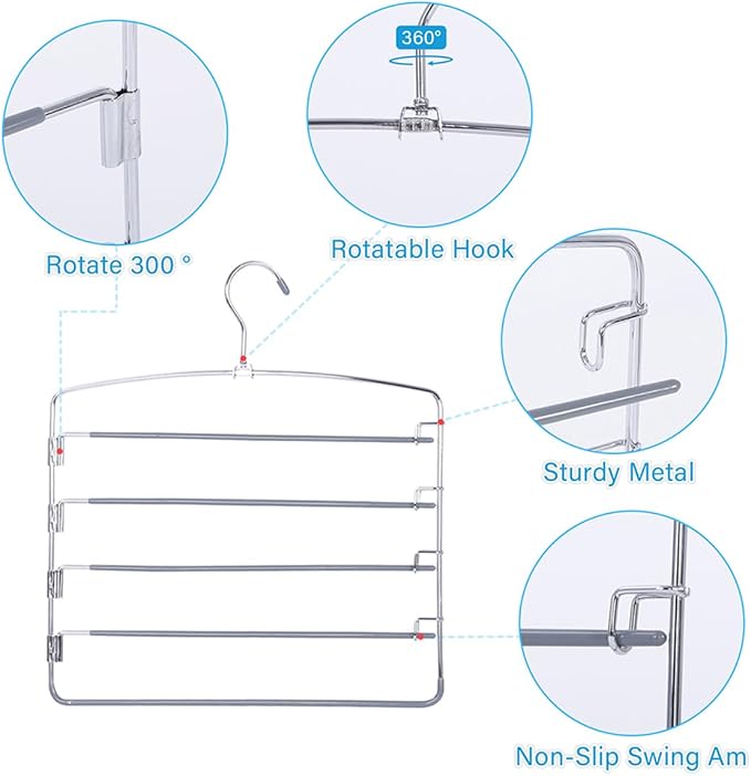 Pants Hangers 6 Pack 5 Layers Multi Functional Pants Rack Swing Arm Space Saver Hanger for Trousers Jeans Towels Scarf （Grey）