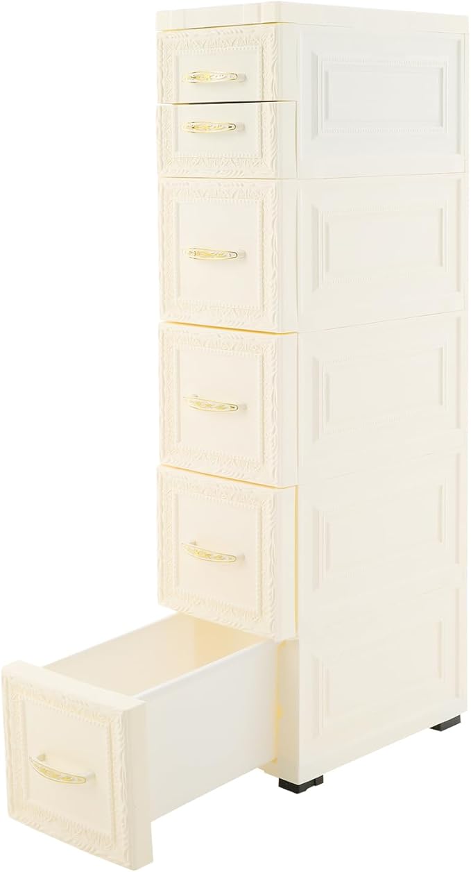 5-Tier Plastic Drawers Storage Dresser, 33"H Narrow Slim Storage Organizer Vertical Drawer Unit, Rolling Thin Storage Tower with Wheels for Small Spaces Gaps Home Furniture (White)