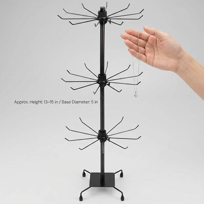 QWORK 3-Tier Rotating Metal Jewelry Display Stand – Adjustable Tabletop Holder for Necklaces, Earrings & Key Rings