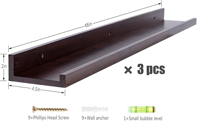 MBYD Floating Shelves 3 Same Dimensions, 48 Inch Deep Walnut Solid Wooden Shelves for Wall, Wall Mount Picture Ledge Shelf, Hanging Photo Display Shelf for Bedroom, Kitchen, Office, Living Room