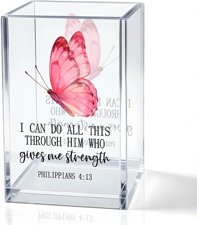 I Can Do All Things Through Christ Acrylic Pencil Pen Holder Cup, Philippians 4:13 Makeup Brush Storage Organizer, Cute Butterfly Desk Accessories Holder, Graduation Gifts for Daughter Niece