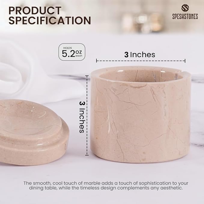 Marble Salt Cellar 3 Inch Beige Salt Shakers Set for Kitchen, Salt Containers for Countertop, Sugar Bowl With Lid, Salt Holder, Spice Jars for Seasoning Storage, Salt Box