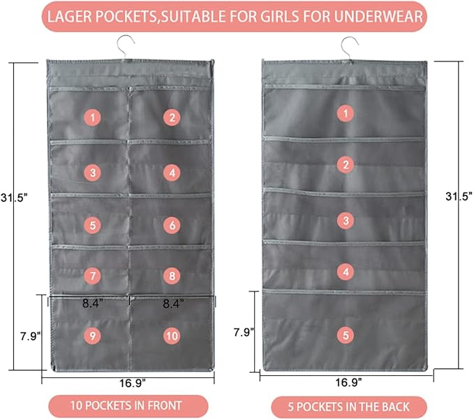 Bseash Enlarged Closet Hanging Bra Organizer with Rotating Metal Hanger, Dual Sided Wall Shelf Wardrobe Mesh Pockets Hanging Storage Bag for Bra Socks Underwear Underpants