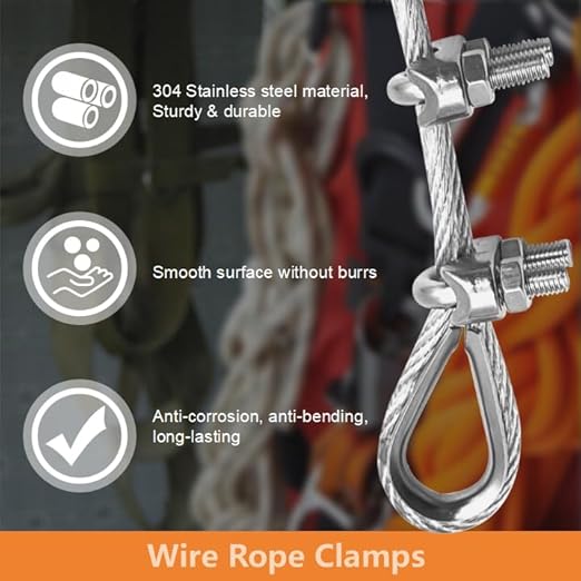 8 Pcs M6 Cable Clamps,Wire Rope Clamp,4 Pcs 1/4" Thimble | Stainless Steel Smooth Rods for Industry, Metal Working Hobbies and DIY Craft