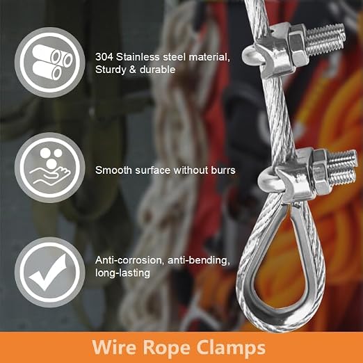 24 Pcs M6 Cable Clamps,Wire Rope Clamp,12 Pcs 1/4" Thimble | Stainless Steel Smooth Rods for Industry, Metal Working Hobbies and DIY Craft