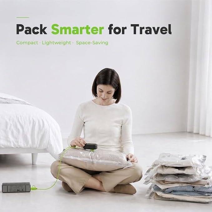 Vacbird Travel Vacuum Bags with USB Electric Pump, 18 Pack Vacuum Bags for Travel, Compression Vacuum Packing Bags for Luggage & Suitcase, Space Saving Travel Bags for Clothes and Clothing,Carry-On