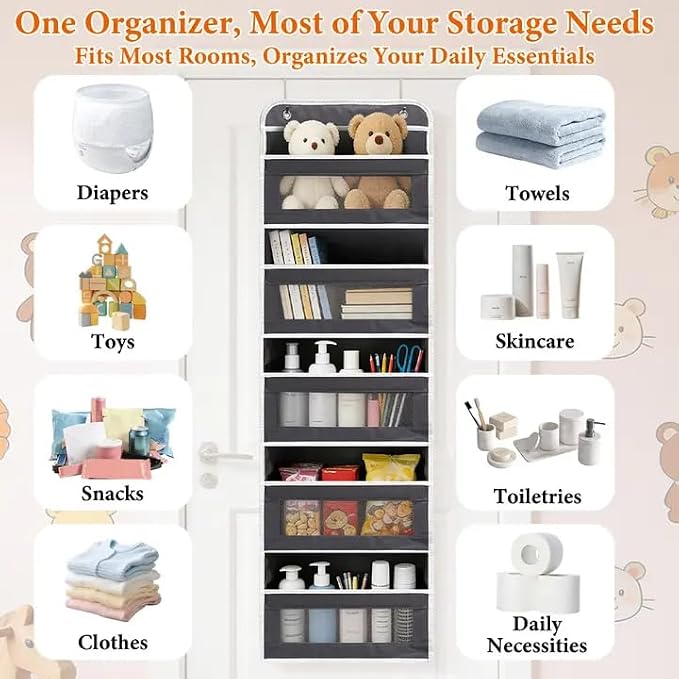 Over the Door Organizer 5-Tier, Heavy Duty Behind Door Storage, Anti-Tilt Capacity, Door Hanging Organizer with Clear Window for Closet, Bathroom, Nursery, Bedroom, Pantry, Shoe Diaper (Dark Gray)