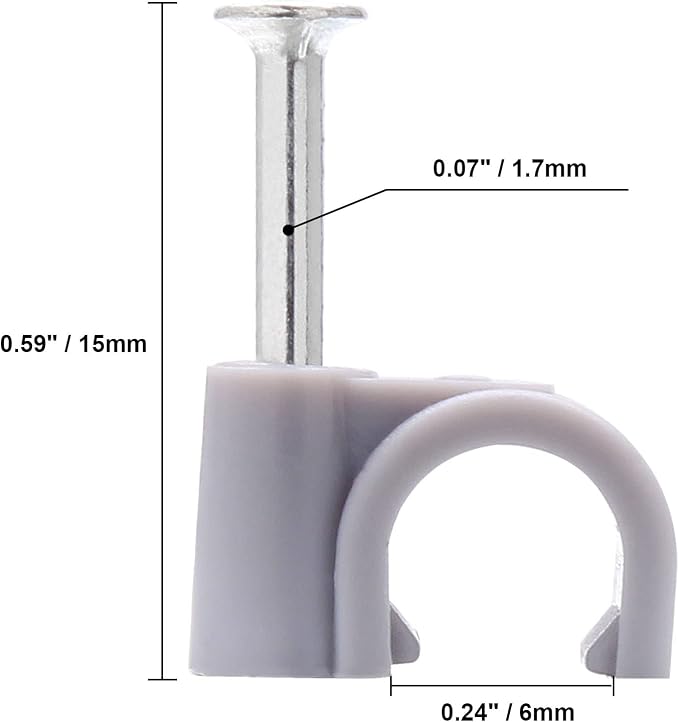 1/4" / 6mm Half Clamp J-Hook Cable Clips with Nail, Gray, 200pcs | Nail in Cable Clips, Ethernet Cable Nails Tacks Clips