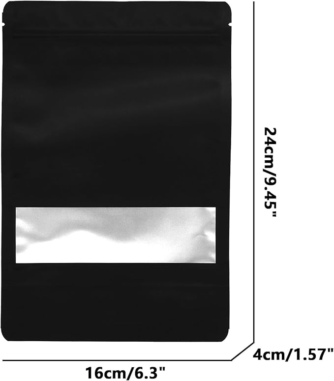 100PCS Foil Pouch Mylar Bags with Clear Window,ULIFESTAR Stand Up Sealable Bags with Tear Notches,Resealable for Food,Party Favors,Gift Packaging and Small Business(16 * 24cm/6.3 * 9.45",Black)