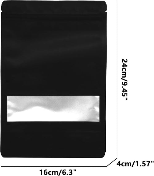 100PCS Foil Pouch Mylar Bags with Clear Window,ULIFESTAR Stand Up Sealable Bags with Tear Notches,Resealable for Food,Party Favors,Gift Packaging and Small Business(16 * 24cm/6.3 * 9.45",Black)