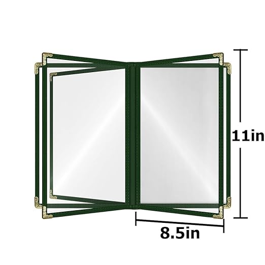 Goodsmart Restaurant Menu Covers – 25 Pack Green 10-View 8.5" x 11" Cafe Menu Holders, Side-Loading Vinyl Covers with Clear Sleeves, Plastic & Leather-Style Menu Covers with Gold Corners