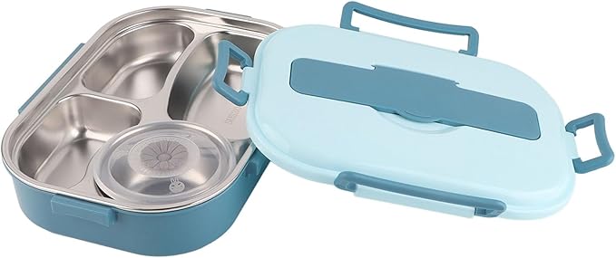 POCREATION Stainless Steel Lunch, Stainless Sel Luh 4 Compartment Leakproof Container, Stainless Sel With Spoons & Chopsticks, Portable 51 With Soup Bowl – Blue