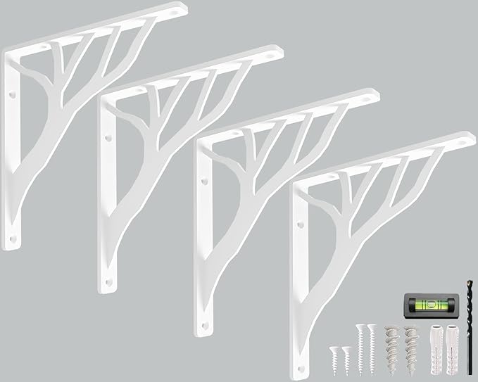 Rustic Tree White Heavy Duty Shelf Brackets 8 inch by Balin Designs, Decorative L Brackets, Iron Metal Floating Shelf Bracket, Wall Mount Shelving Bracket, Included Hardware, Set of 4