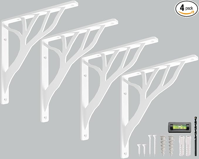 Rustic Tree White Heavy Duty Shelf Brackets 6 inch by Balin Designs, Decorative L Brackets, Iron Metal Floating Shelf Bracket, Wall Mount Shelving Bracket, Included Hardware, Set of 4
