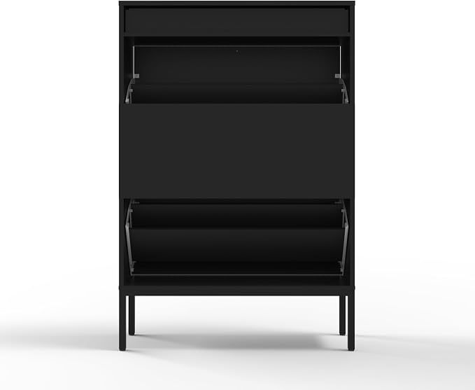 XIAO WEI Shoe Cabinet, Shoe Storage Organizer Cabinet with 2 Flip Wavy Line Drawers, Freestanding Shoe Rack with Adjustable Shelf for Entryway（Black）