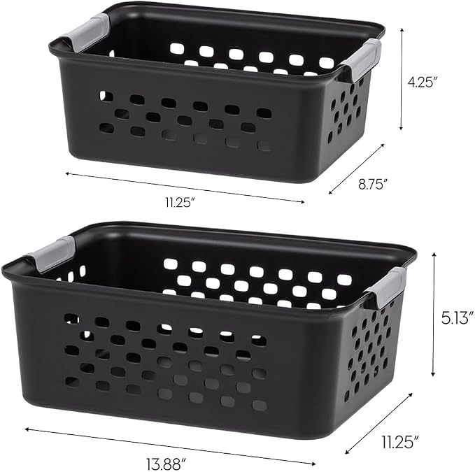 IRIS USA Plastic Storage Basket Bundle, Small - 12 Pack + Medium - 6 Pack, Shelf Basket Storage Organizer for Pantry, Cabinet, Bedroom, Closet, Laundry Room, Home Work Office, Craft Supplies, Black