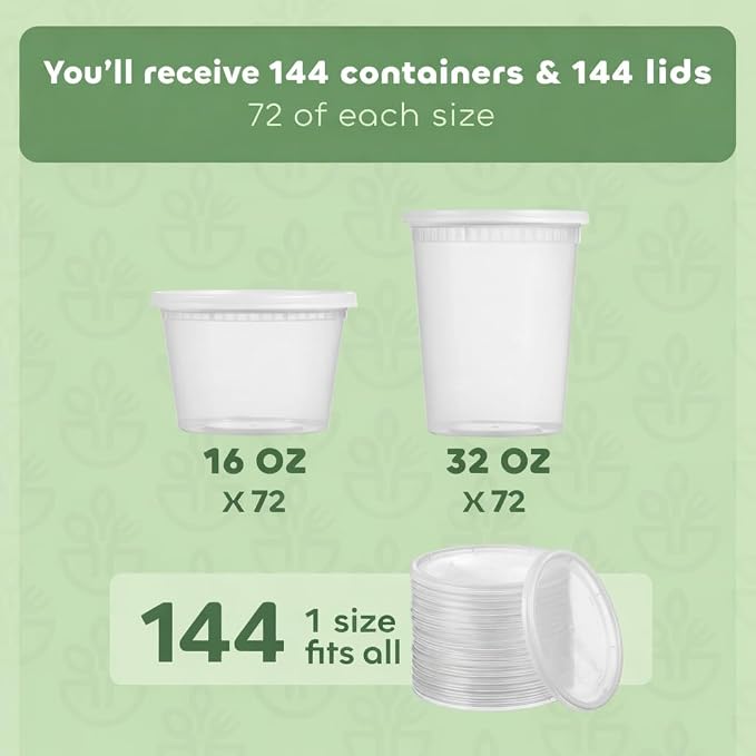 144 Sets Plastic Deli Containers with Lids - 16oz Pint & 32oz Quart | Leak Proof, Microwaveable, Dishwasher & Freezer Safe - Plastic Food Storage, Meal Prep, Restaurant & Soup Containers