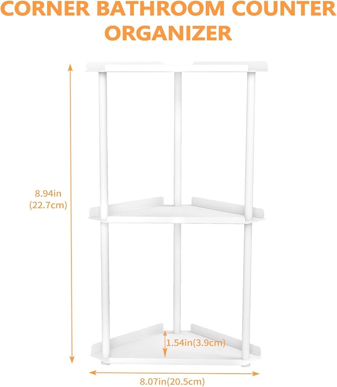 FLE Corner Bathroom Counter Organizer, Bathroom Organizer Countertop White | 3 Tier Corner Shelf, Tabletop Mount,Waterproof solid shelf fits bathroom toiletries and kitchen condiment storage.