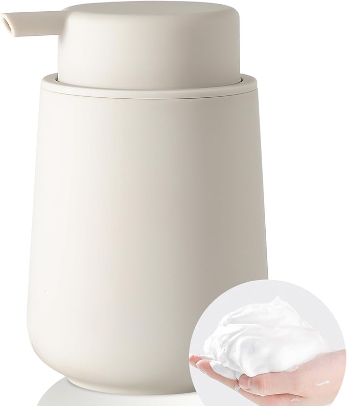 YAUKPH Matte Beige Foaming Hand Soap Dispenser Plastic 11 oz - Modern Minimalist Style for Bathroom & Kitchen Countertop Refillable