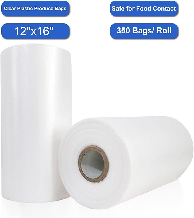 LabelMore Plastic Produce Bags on a Roll, Clear, Food Storage Bags for Bread, Vegetable, Fruits and Meat, 350 Bags/Roll (12''X16''/4 Rolls)