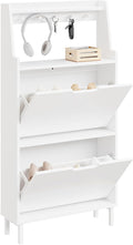 HHaotian Flip-Drawer Shoe Cabinet with Two Drawers & Open Shelves | Slim Hidden Shoe Rack Cabinet with Hook for Entryway, FSR221-W