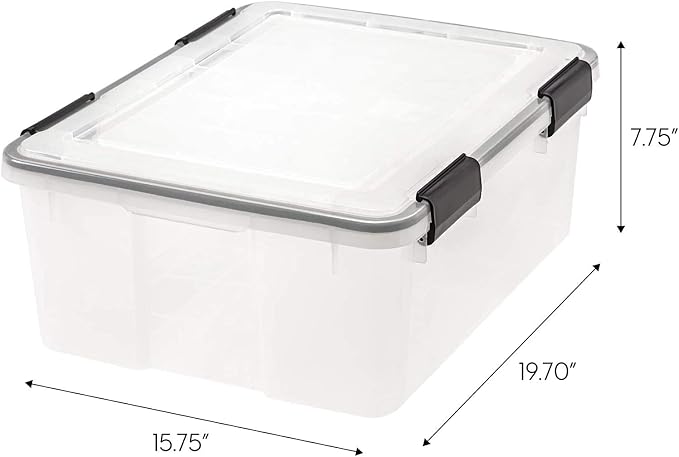 IRIS USA WeatherPro 31 Qt Storage Bins with Lids, 6 Pack, BPA-Free Plastic Gasket Box with Tight Latch and Seal, Stackable Nestable Tote Tub - Clear/Black