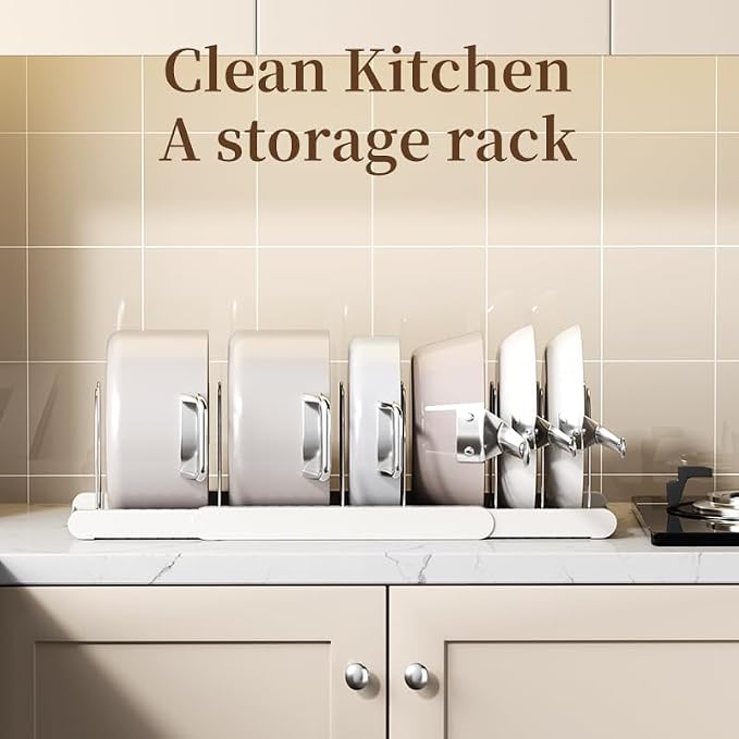 Pot Rack -Expandable Pan Organizer for Cabinet,Pot Lid Holder with 10 Adjustable Compartment for Kitchen Cabinet Cookware Baking Frying Rack,Apricot