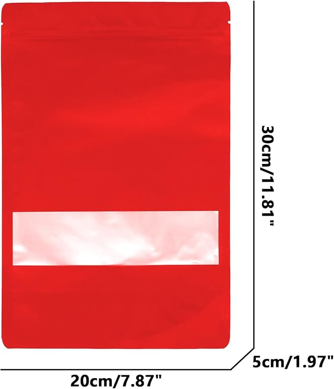 50PCS Foil Pouch Mylar Bags with Clear Window,ULIFESTAR Stand Up Sealable Bags with Tear Notches,Resealable for Food,Party Favors,Gift Packaging and Small Business(20 * 30cm/7.87 * 11.81",Red)
