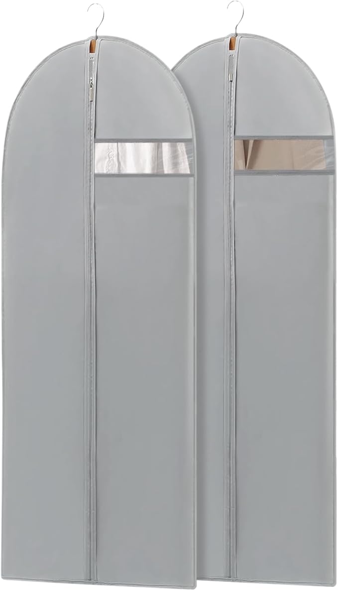 2 Pack 65" Long Dress Bags for Gowns, Dress Garment Bag for Hanging Clothes, Dress Cover with Clear Window for Dresses, Coats, Grey