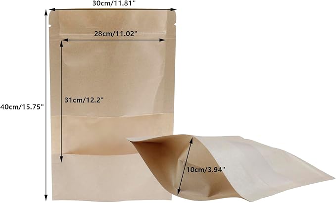 Kraft Paper Zipper Pouches,ULIFESTAR Kraft Stand Up Zip Lock Pouch Bags,100PCS Resealable Bag with Transparent Window and Tear Notch Resealable Bag for Small Business HomeUse,11.8"*15.7"(30*40cm+5cm)