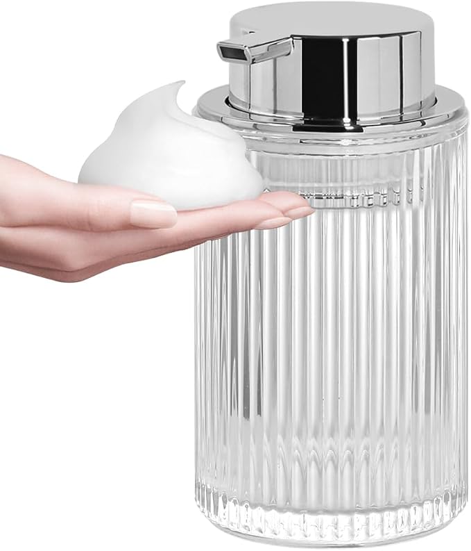 Foaming Soap Dispenser, Clear Glass Foam Soap Dispenser, 12 Oz Refillable Glass Foam Pump Bottle Container Decorative Slim Ribbed Bottle for Bathroom and Kitchen