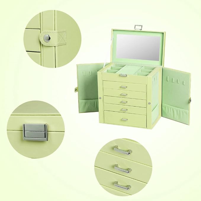 Frebeauty Large Jewelry Box,6-Tier PU Leather Jewelry Organizer with Lock,Multi-functional Storage Case with Mirror,Accessories Holder with 5 Drawers for Necklace Bracelets Watches