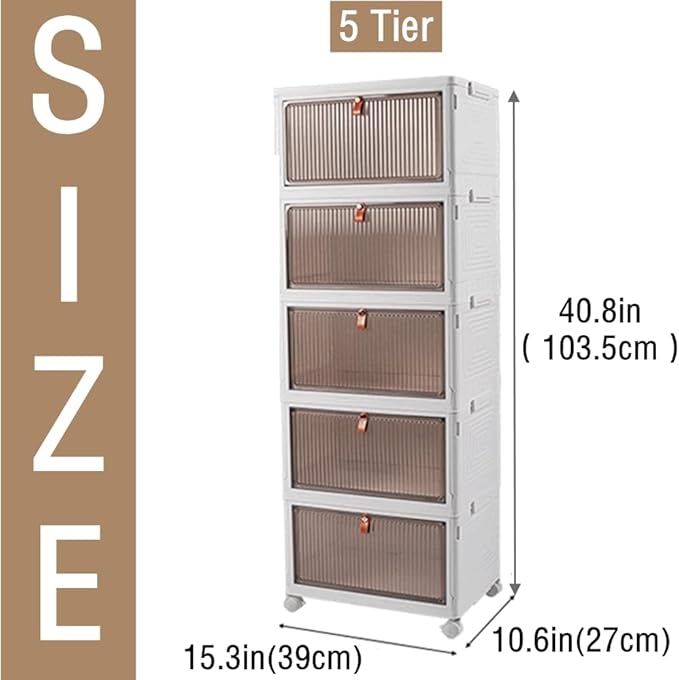 Foldable Storage Bins Boxes with Lid Wheels and Magnetic Door, Collapsible Stackable ABS Organizer for Kitchen Cloakroom Closet Living Room & Office(5 Tier)