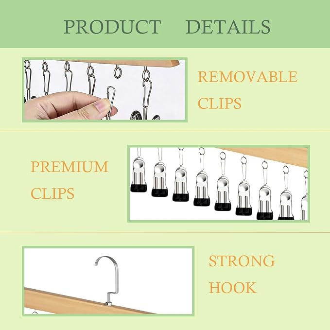 Closet Organizer with 10 Clips, 2026 New Wooden Pants Hangers with 10 Clips Multi-use Hanging Leggings Storage Organizer, Space-Saving Hanger for Skirts Scarves Hats Socks (1Pcs Retro Color)