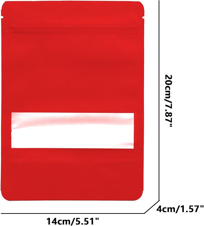 100PCS Foil Pouch Mylar Bags with Clear Window,ULIFESTAR Stand Up Sealable Bags with Tear Notches,Resealable for Food,Party Favors,Gift Packaging and Small Business(14 * 20cm/5.51 * 7.87",Red)