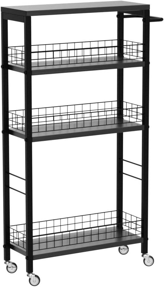 YBING Slim Storage Cart Kitchen Rolling Utility Cart on Wheels 4 Tier Mobile Narrow Cart with Wood and Metal Handle Slide Out Storage Shelving Unit Cart for Kitchen Living Room Small Places Black