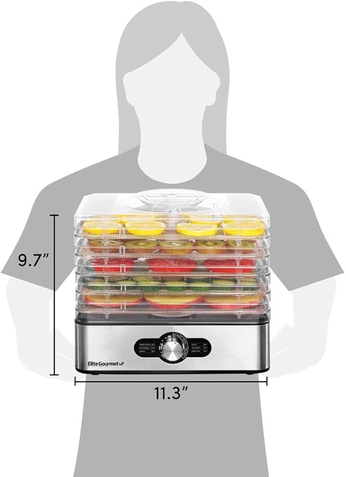 Elite Gourmet EFD3321 Food Dehydrator, Stainless Steel Trays Adjustable Temperature Controls, Jerky, Herbs, Fruit, Veggies, Dried Snacks, Stainless Steel