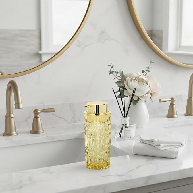 Foaming Soap Dispenser, Amber Glass Soap Dispenser, 14 Oz Refillable Foam Soap Dispenser Pump Bottle Container for Bathroom Kitchen Countertop Decor