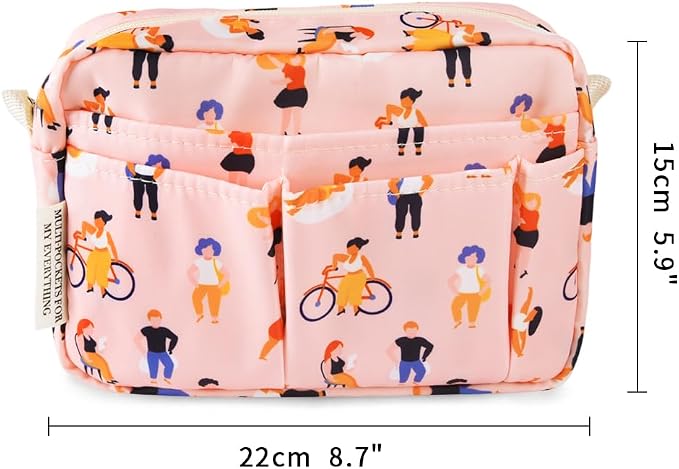 E-WEICHEN Multiple Pockets Portfolio Organizer with Zippered, Makeup Bag Travel Essentials for Women, Simple Waterproof Stationery Pencil Pouch Bag for Journal Office Art Supplies.Pink People
