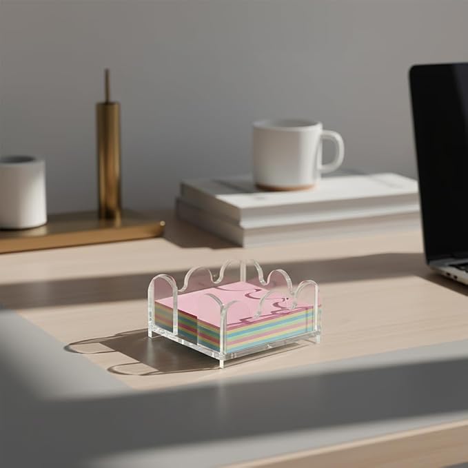 Scalloped Acrylic Sticky Note Holder, 3"x3" Crystal Clear Cute Notepad Holder Sticky Note Dispenser with Wave-Design, Thick Desk Organizer for Office, Home, Dorm, Classroom Desk