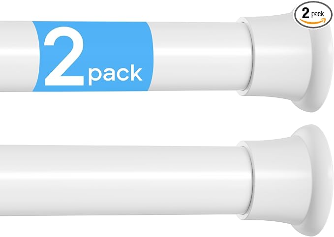 MEXAU 2 Pack White Spring Tension Curtain Rods 18-37 Inch, Adjustable Tension Rods No Drilling for Window, Bathroom, Closet, Room Divider, 7/8" Diameter, Iron