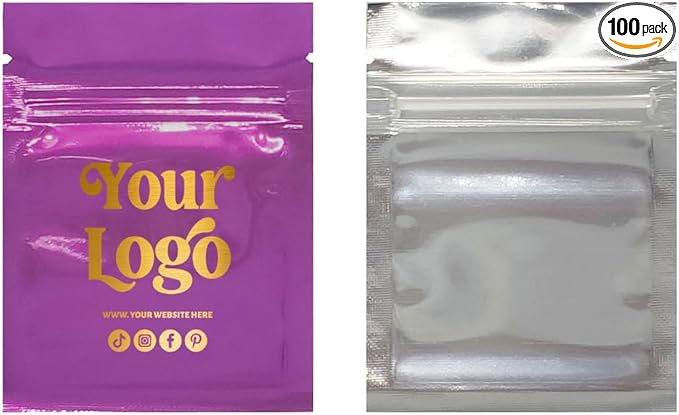 100PCS Customized Mylar Zipper Bags,Clear Front Resealable Packaging Pouches For Food Storage,Single Color Printing for Logo/Text/QR Code (Purple, 6.5 * 9CM/2.6"*3.5"-100PCS-One Color Print)