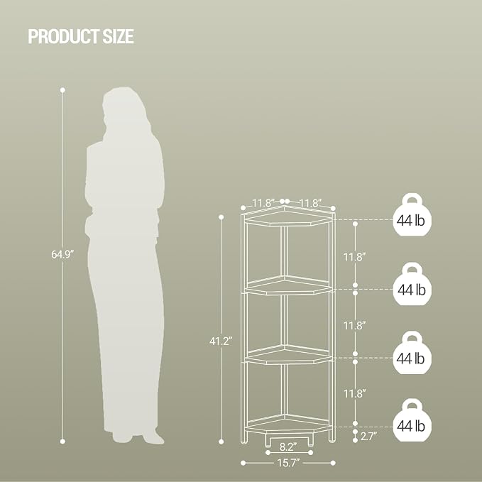 Hzuaneri Corner Shelf Stand, Corner Bookshelf, Storage Standing Shelf Unit with Metal Frame, Plant Stand, Bookcase for Living Room, Home Office, Bedroom, 4-Tier White CS05813W
