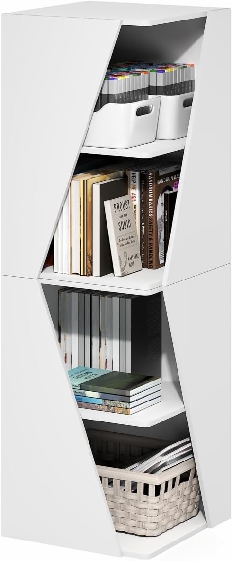 Furinno ECON Book Shelf, Stackable 2-in-1 Bookshelf, 4-Tier Corner Bookcase with Display Shelf, 16.1" x 16.1" x 49.1", for Living Room, Bedroom, Home Office, White
