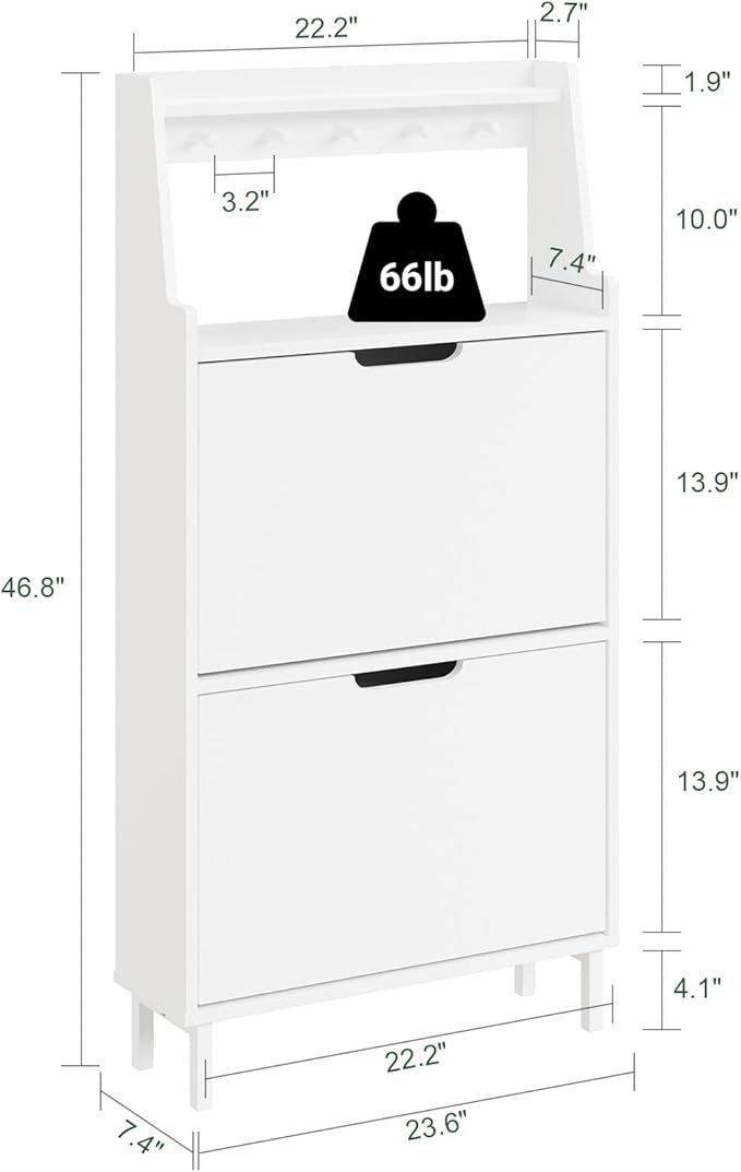 HHaotian Flip-Drawer Shoe Cabinet with Two Drawers & Open Shelves | Slim Hidden Shoe Rack Cabinet with Hook for Entryway, FSR221-W