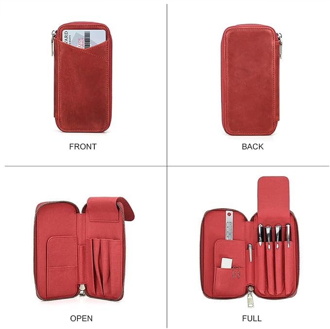 CONTACTS Full Grain Leather Pencil Case for Women Handmade Vintage Zipper Pen Holder Pouch with Card Slot Pens Organizer Pockets Stationery Bag (Red)