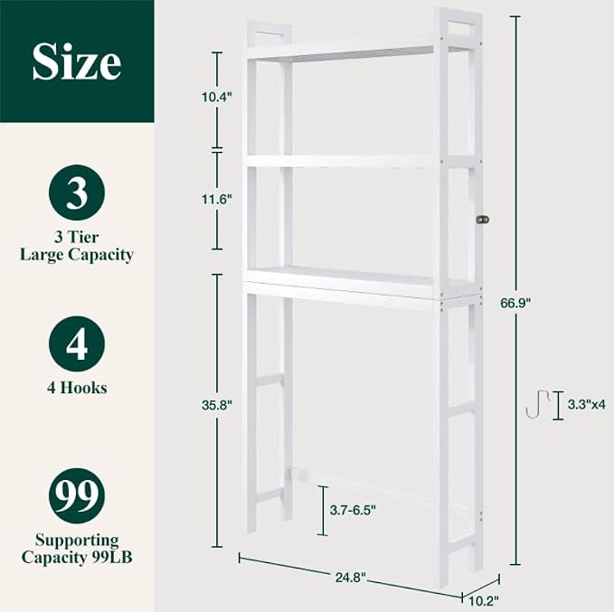 Smiry Over The Toilet Storage Cabinet, 3-Tier Bamboo Bathroom Organizers with Adjustable Shelf & 4 Hooks, Space Saving Shelf Rack for Bathrooms, Laundry Room, Balcony, White