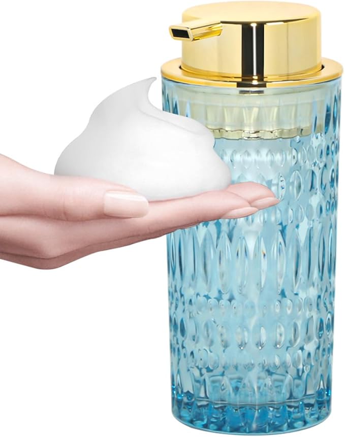 Foaming Soap Dispenser, Blue Glass Hand Soap Dispenser, 14 Oz Refillable Foam Soap Dispenser Pump Bottle Container for Bathroom Countertop Decor