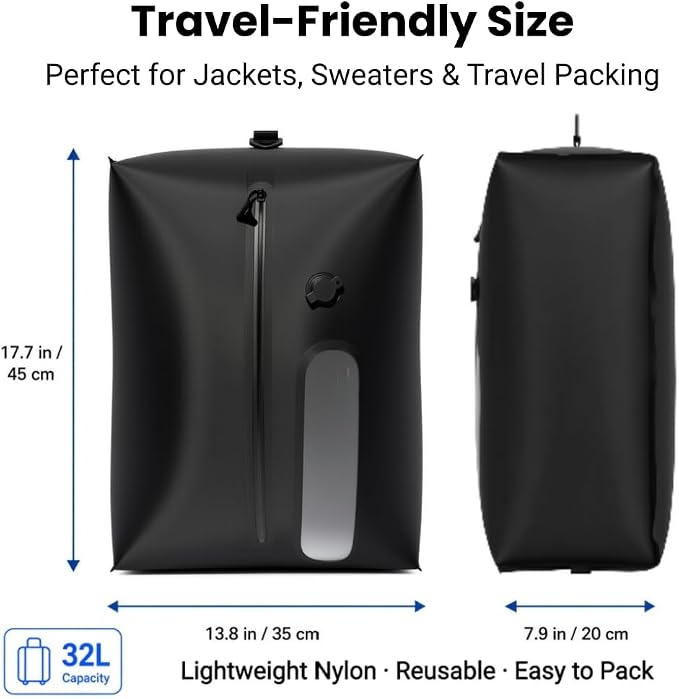 Travel Vacuum Compression Bag for Clothes, 32L Reusable Waterproof TPU Packing Organizer, Vacuum Bag for Suitcase & Carry-On, Fits Backpacks & Duffels (1 Bag, No Pump)