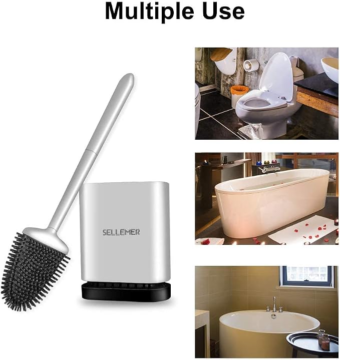 Sellemer Silicone Toilet Brush, Ventilation Slots Base Holder 2 Pack Silver | Flexible Bristles Flat Head for Rim, Hair Tangle-Free, Easy to Clean, Compact Design, Rustproof Handle, for Toilet/Sink/Tub